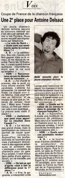Article pour ma 2ème place lors de la finale de la coupe de la chanson française
